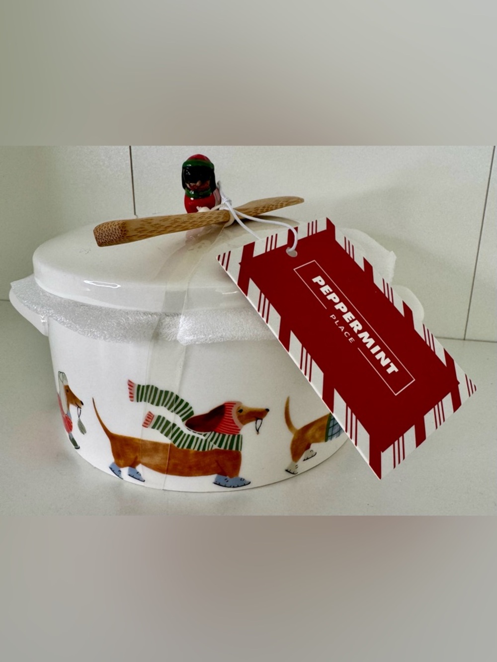 Peppermint Place Winter Dachshund Crock with Lid & Spoon Dish NWT